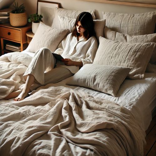 The cozy bedroom scene highlights the comfort and quality of linen bedding and sleepwear, creating a peaceful and inviting atmosphere.