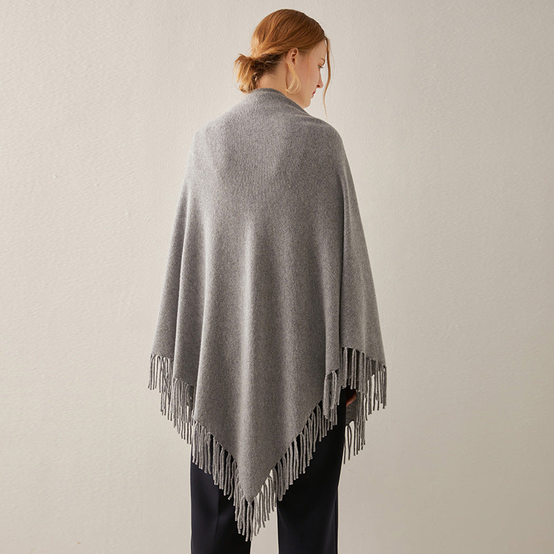 Fringed Cashmere Shawl - Luxurious Baroque Style in Solid Grey for Winter, Spring, and Autumn