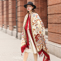 Elegance Redefined: Ethnic Shawl - Long Oversized Pure Wool Scarf with Plants and Flowers Pattern - FlaxLin eco Textiles