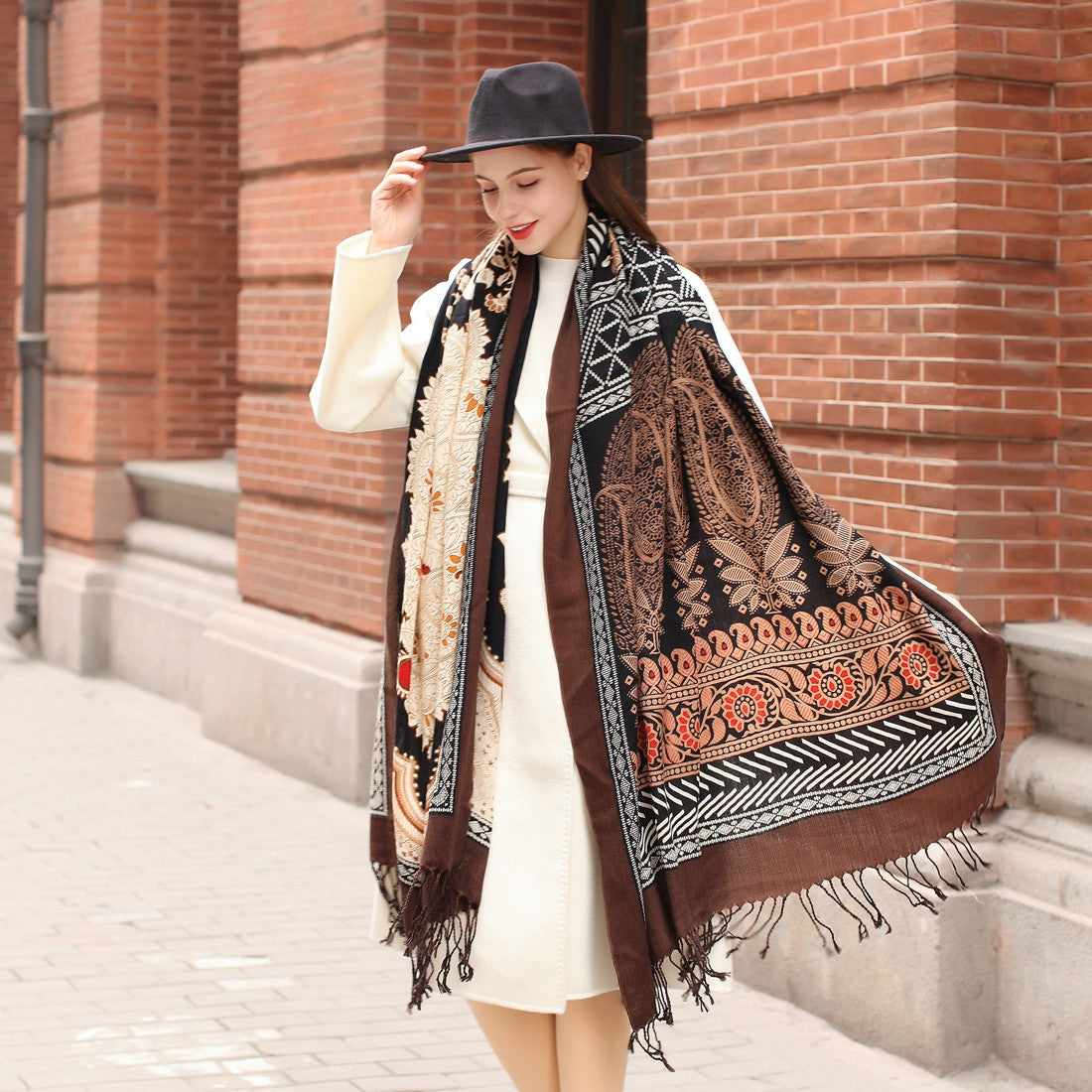 Oversized Women's Wool Cape - Multifunctional Ethnic Elegance with Plants and Flowers Pattern in Rich Brown - FlaxLin Eco Textiles