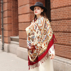 Elegance Redefined: Ethnic Shawl - Long Oversized Pure Wool Scarf with Plants and Flowers Pattern - FlaxLin eco Textiles