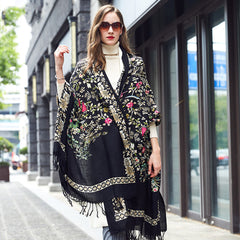 Premium Wool Shawl Ladies Long Cape - Elegant Black Triangle Scarf with Plant and Flower Pattern - FlaxLin Eco Textiles