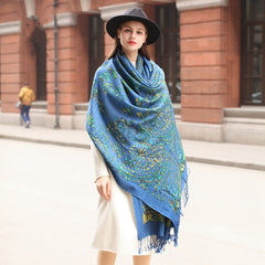 Blue Wool Cape: Thick Spring and Autumn Oversized Shawl - Ethnic Style - FlaxLin Eco Textiles