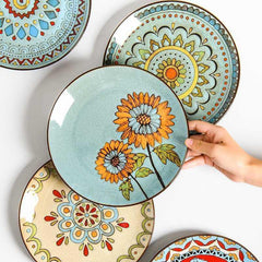 American Elegance: Hand-Painted Floral Round Dinner Plate - FlaxLin Eco Textiles