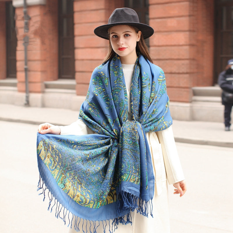 Blue Wool Cape: Thick Spring and Autumn Oversized Shawl - Ethnic Style - FlaxLin Eco Textiles