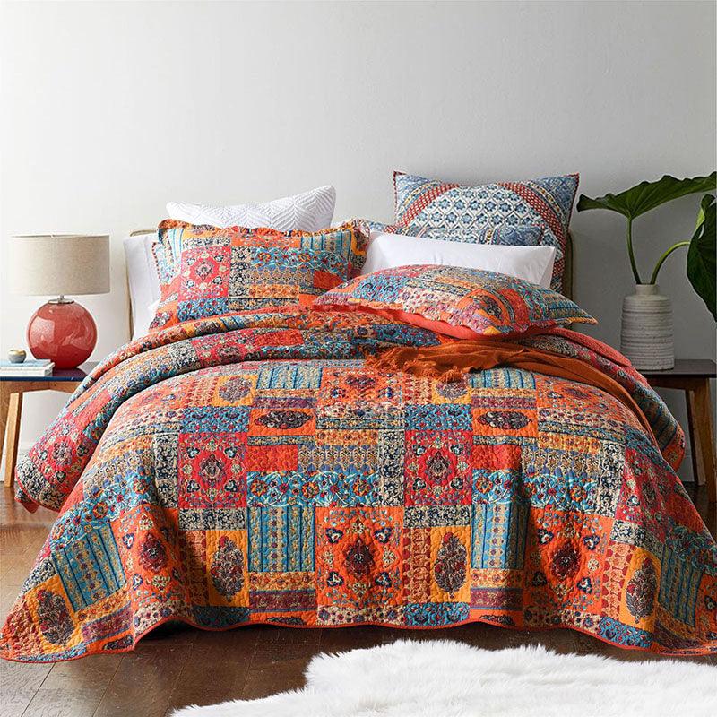 Bohemian Abstract Geometric Cotton Quilt - FlaxLin Eco Textiles