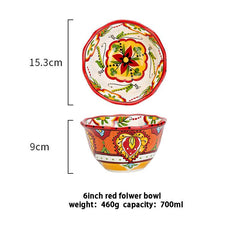 Bohemian Elegance: Hand-Painted Ceramic Bowl with Floral Motifs - FlaxLin Eco Textiles