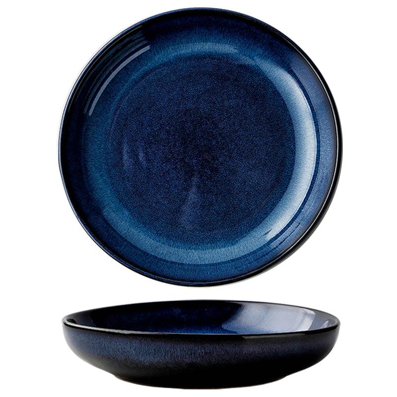 Cat Eye Blue Ceramic Deep Plate: Elegance Meets Function - FlaxLin Eco Textiles