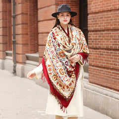 Elegance Redefined: Ethnic Shawl - Long Oversized Pure Wool Scarf with Plants and Flowers Pattern - FlaxLin eco Textiles