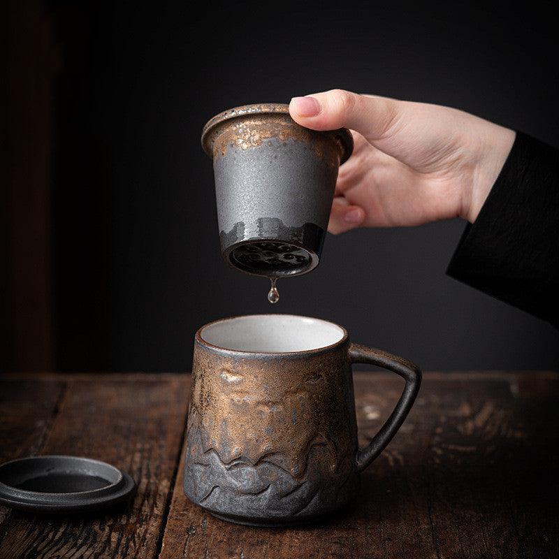 Vintage Ceramic Mug with Lid & Filter Set - Fashionably Simple Elegance -  - FlaxLin Eco Textiles