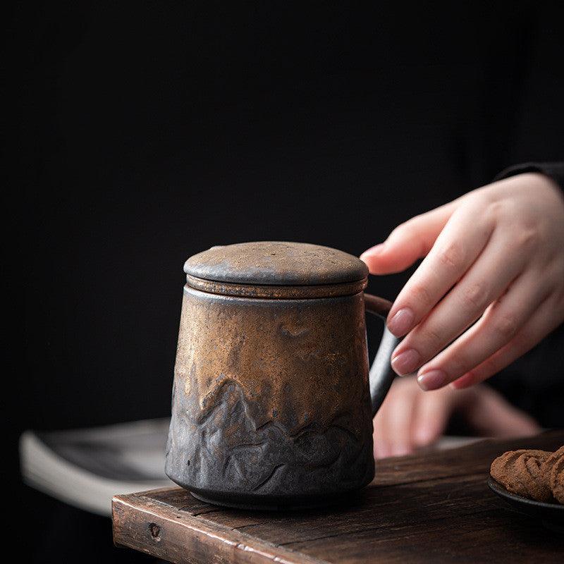 Vintage Ceramic Mug with Lid & Filter Set - Fashionably Simple Elegance -  - FlaxLin Eco Textiles