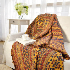 Ethnic Essence: Yellow Geometric Pattern Multi-Use Cotton Blanket - FlaxLin Eco Textiles