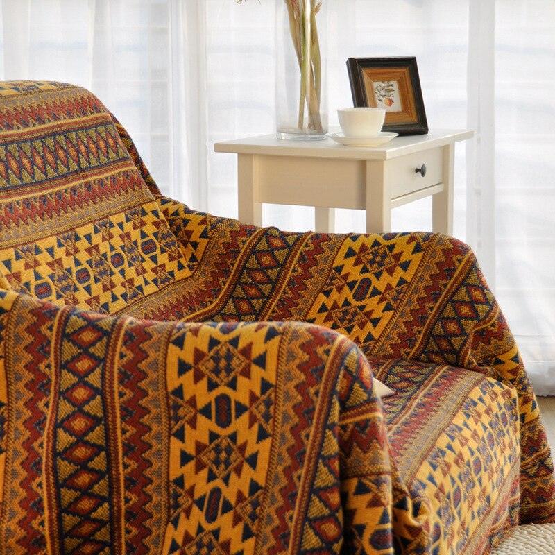 Ethnic Essence: Yellow Geometric Pattern Multi-Use Cotton Blanket - FlaxLin Eco Textiles