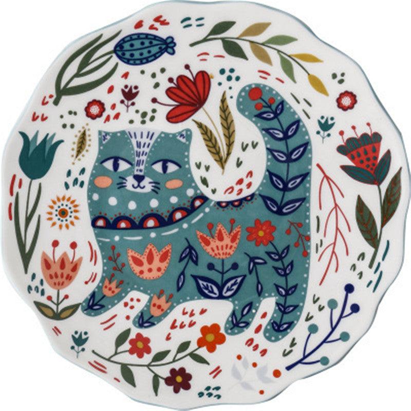 Hand Painted Cat & Flower Cartoon Ceramic Dinner Plate - FlaxLin Eco Textiles