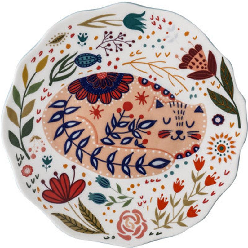 Hand Painted Cat & Flower Cartoon Ceramic Dinner Plate - FlaxLin Eco Textiles