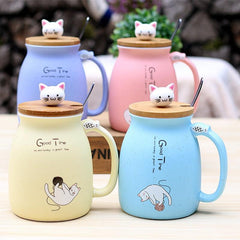 Whimsical Cat Ceramic Mug Set - 450ml with Lid & Spoon - FlaxLin Eco Textiles