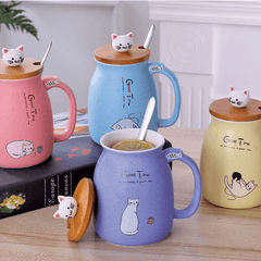 Whimsical Cat Ceramic Mug Set - 450ml with Lid & Spoon - FlaxLin Eco Textiles