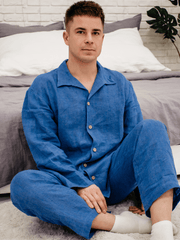 Blue Classic Soft Linen Pyjama Set Unisex - label, Pajama - FlaxLin Eco Textiles